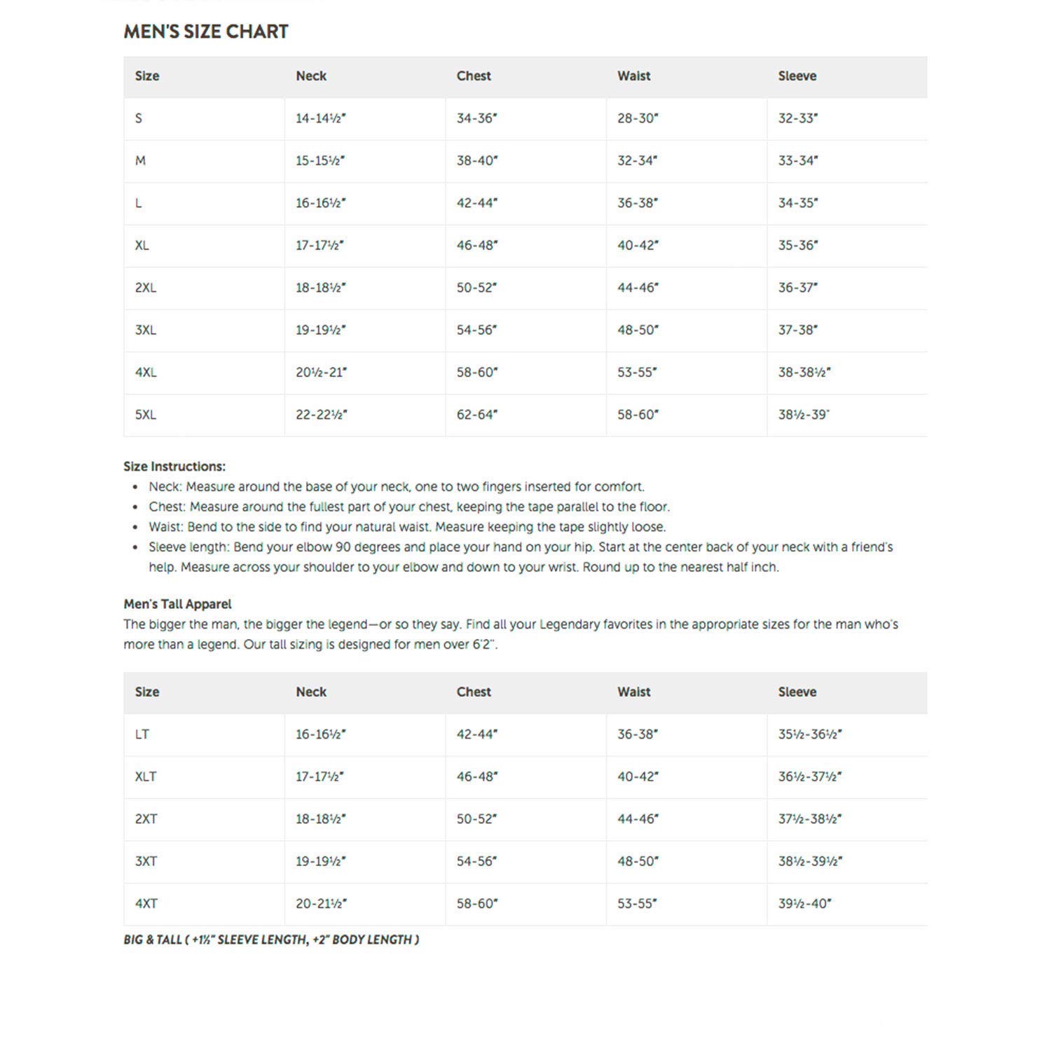 Mens Shirt Size Chart for Flannel Shirts